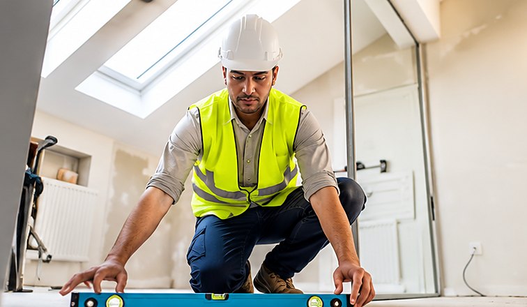 Inspector checking tile levels with a spirit level